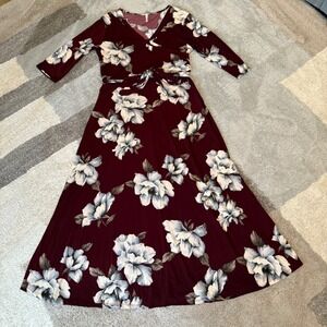 Tuatua+ Womens Burgundy Floral Faux Wrap Maxi Dress 3/4 Sleeve V-Neck Belted